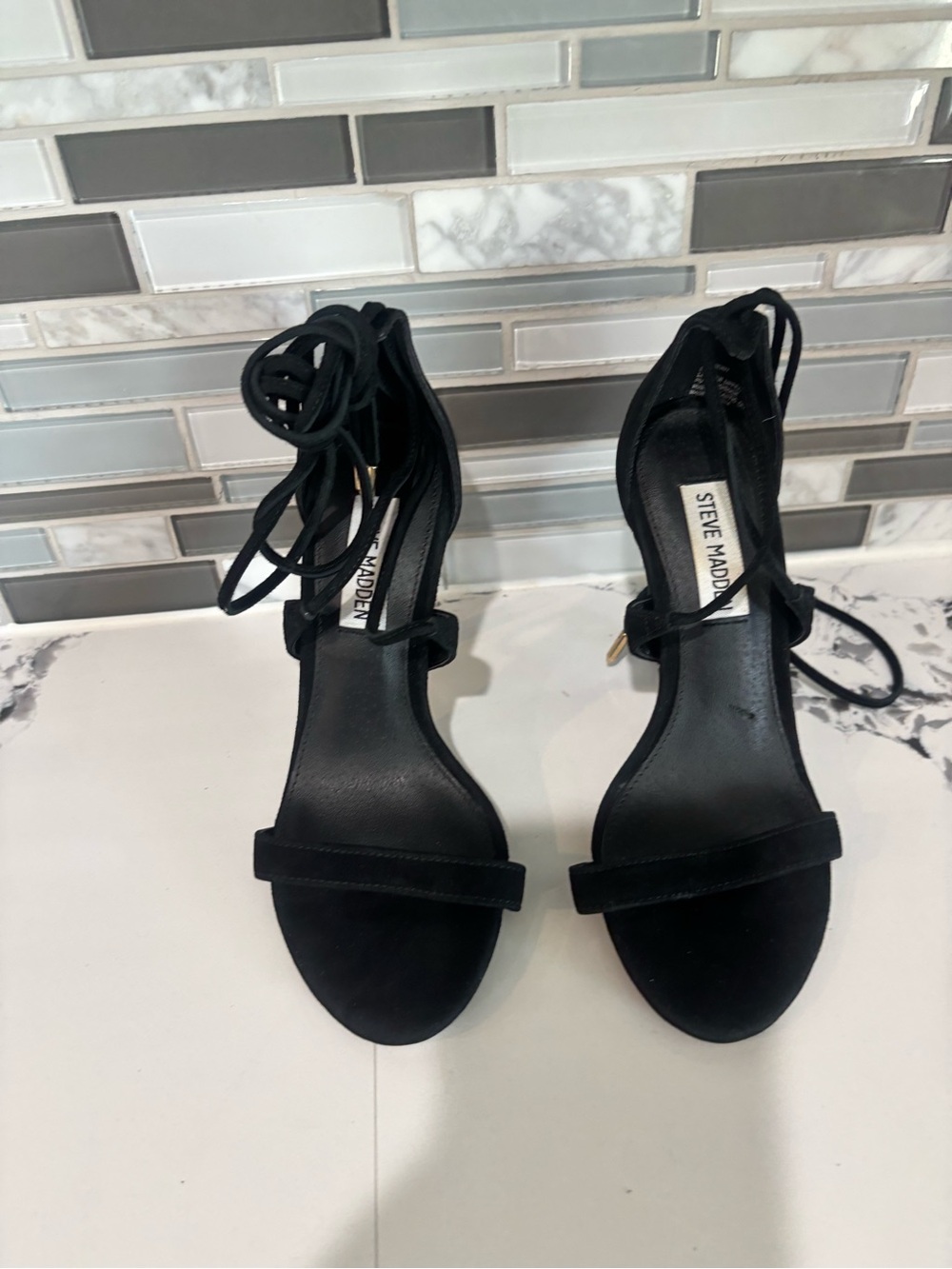 Steve Madden Black Suede Lace-Up Open Toe Heels